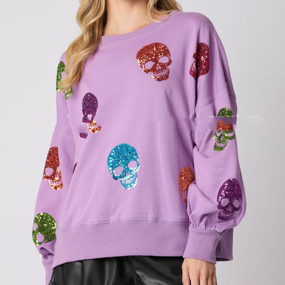 Suéter holgado con lentejuelas y calavera de Halloween para mujer