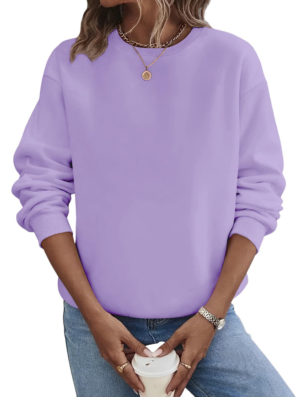 Suéter de moda de talla grande con cuello redondo en blanco y color liso