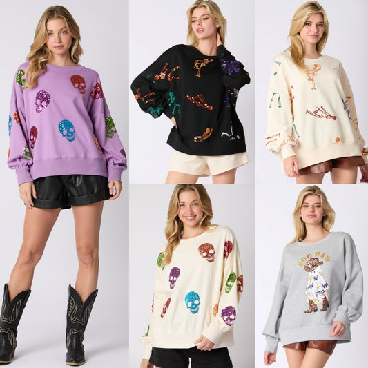 Suéter holgado con lentejuelas y calavera de Halloween para mujer