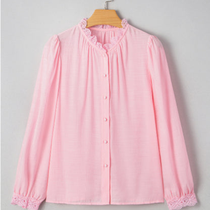 Camisa sin cuello con botones y borde de patchwork de encaje