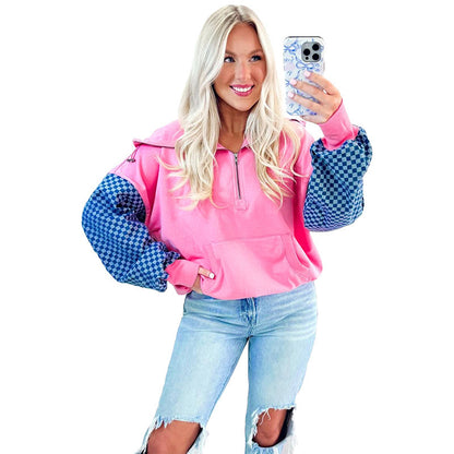 Suéter con capucha y media cremallera para mujer, manga regular