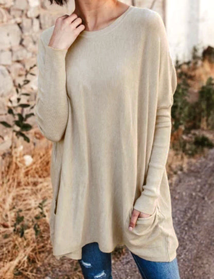 Top informal de manga larga holgado con bolsillo para mujer