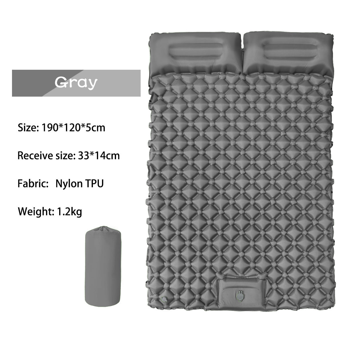 Outdoor double inflatable sleeping pad – with built-in pillow & pump, for camping, backpacking, hiking.