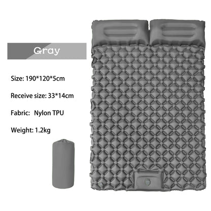 Outdoor double inflatable sleeping pad – with built-in pillow & pump, for camping, backpacking, hiking.