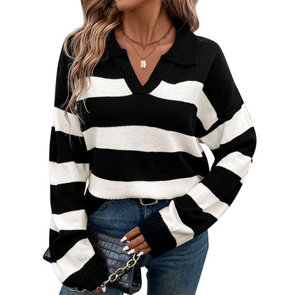 Suéter de rayas con cuello polo y manga larga para mujer