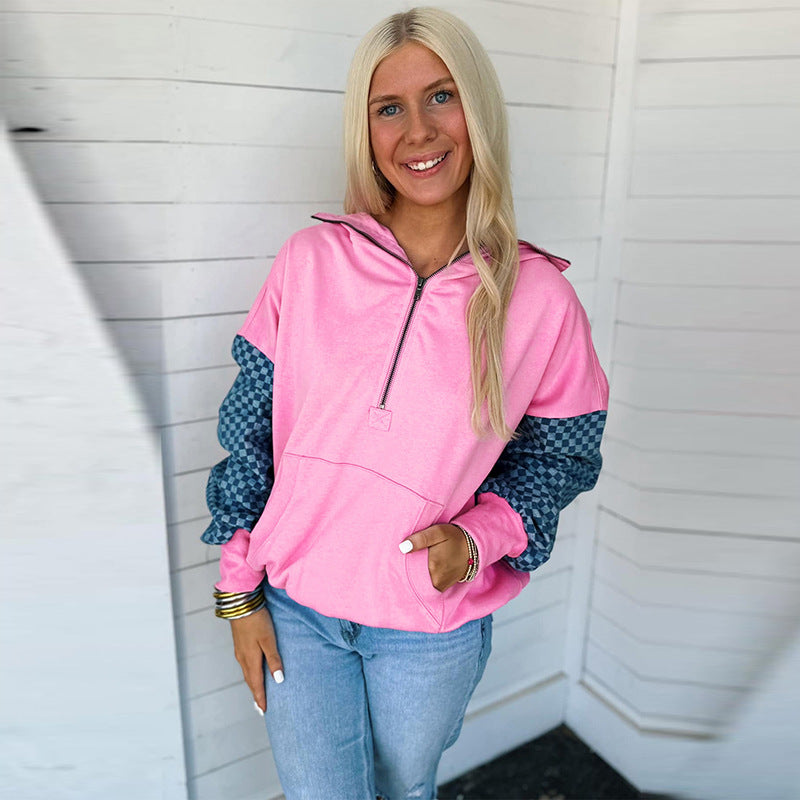 Suéter con capucha y media cremallera para mujer, manga regular