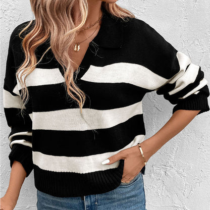 Suéter de rayas con cuello polo y manga larga para mujer