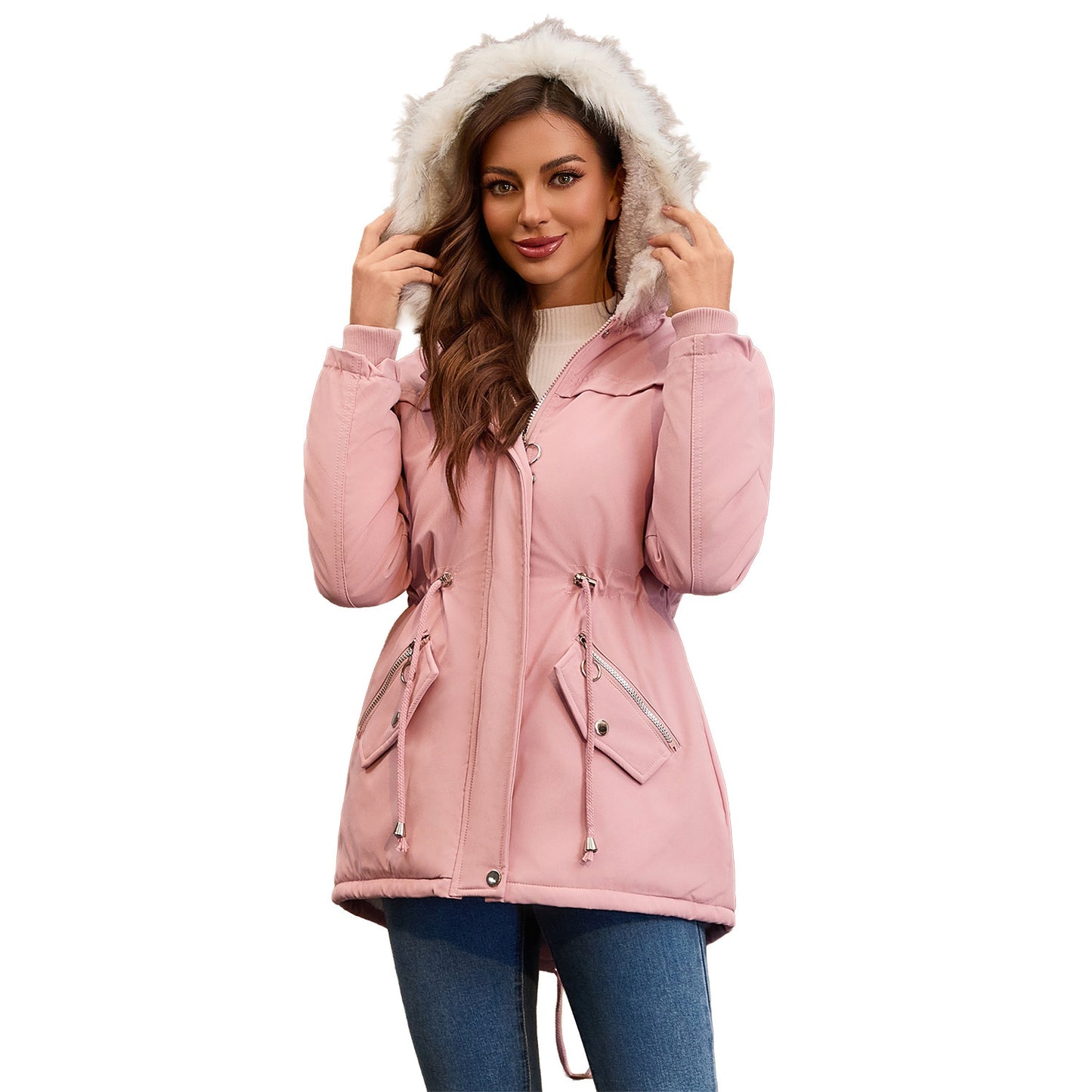Abrigo acolchado de polar con cuello de piel y capucha para mujer