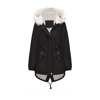 Abrigo acolchado de polar con cuello de piel y capucha para mujer