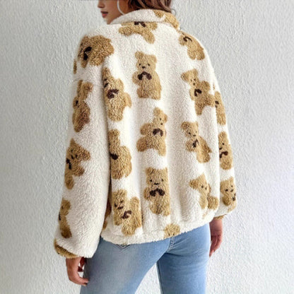 Abrigo cálido y holgado con forro polar y estampado de oso