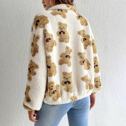 Abrigo cálido y holgado con forro polar y estampado de oso