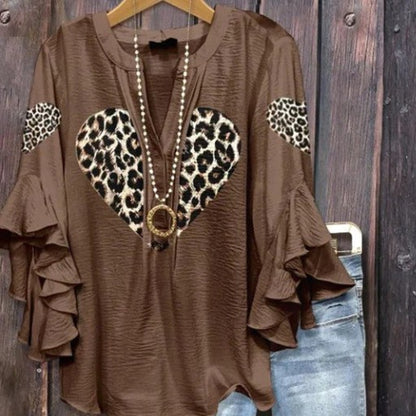 Camiseta casual con cuello en V y borde de loto para mujer