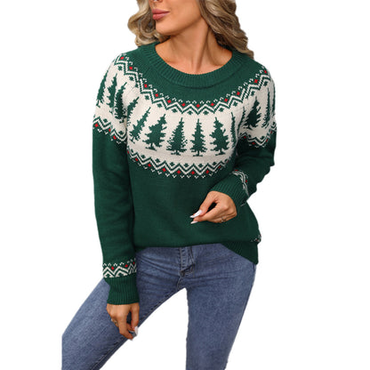 Suéter verde árbol de Navidad de jacquard con cuello redondo para mujer