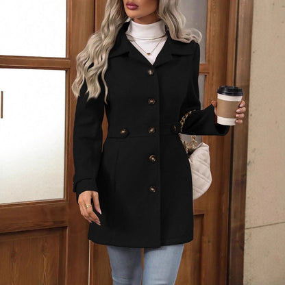 Abrigo de lana entallado de longitud media con solapa y botones elegantes