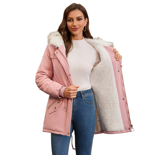 Abrigo acolchado de polar con cuello de piel y capucha para mujer