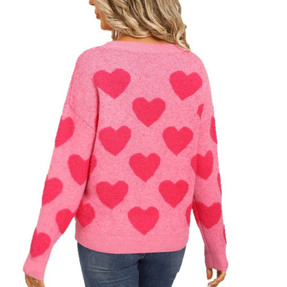 Suéter estilo europeo y americano con estampado de corazón de melocotón y jacquard para mujer