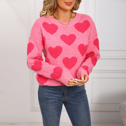 Suéter estilo europeo y americano con estampado de corazón de melocotón y jacquard para mujer