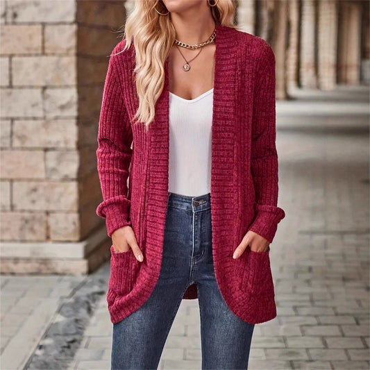 Chaqueta tipo cárdigan de manga larga con parches informales de color liso para mujer