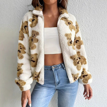 Abrigo cálido y holgado con forro polar y estampado de oso