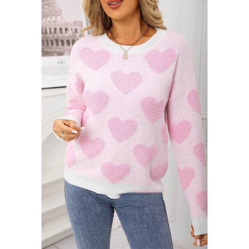Suéter estilo europeo y americano con estampado de corazón de melocotón y jacquard para mujer