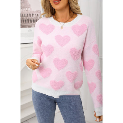 Suéter estilo europeo y americano con estampado de corazón de melocotón y jacquard para mujer