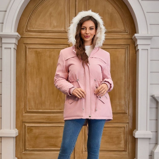 Abrigo acolchado de polar con cuello de piel y capucha para mujer