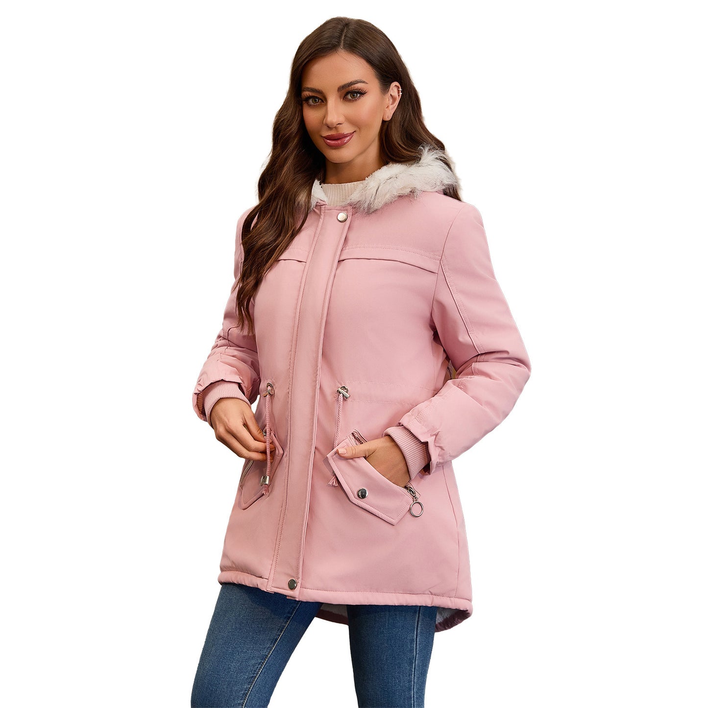 Abrigo acolchado de polar con cuello de piel y capucha para mujer