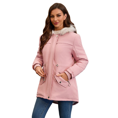 Abrigo acolchado de polar con cuello de piel y capucha para mujer
